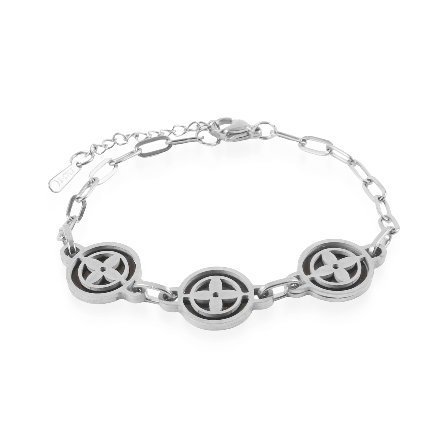 Βραχιόλι με πέτρες φίλντισι Mar and Mar Clover Silver (Black) από ανοξείδωτο ατσάλι