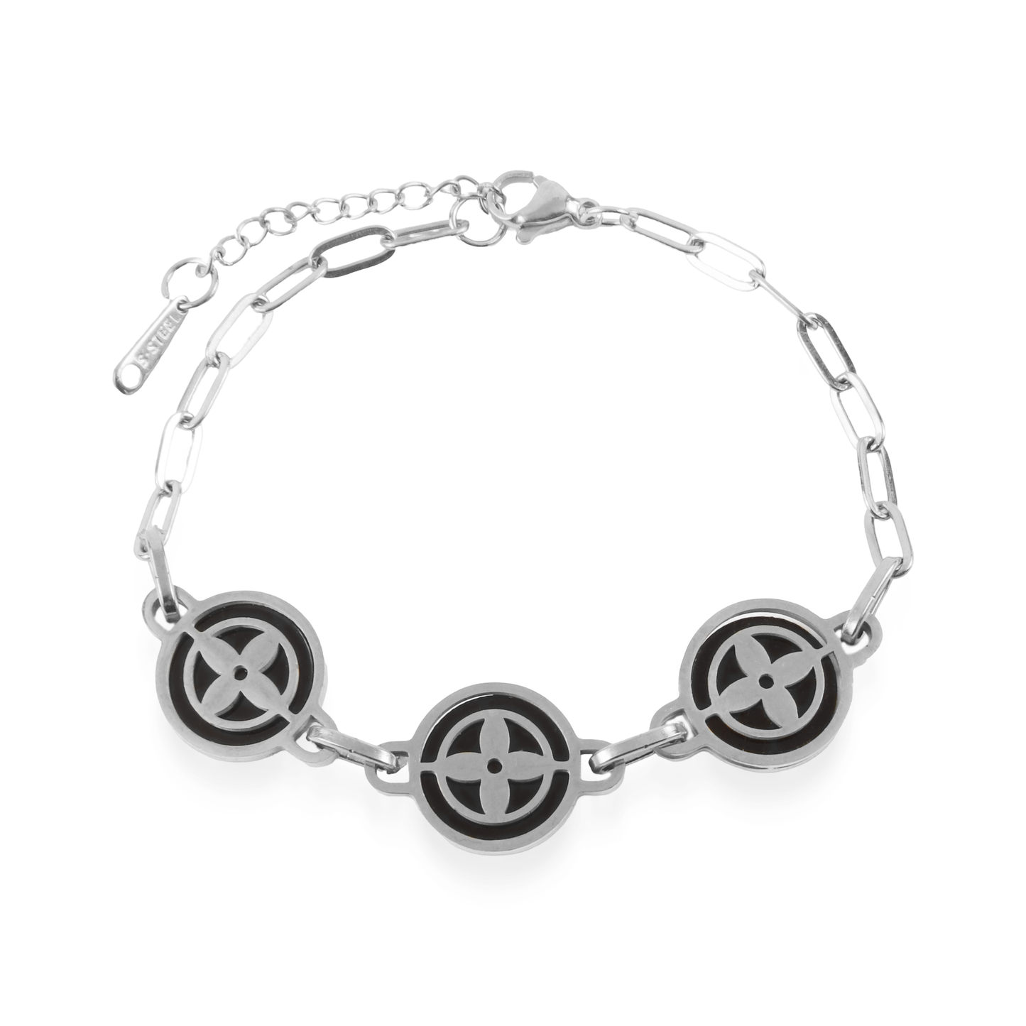 Βραχιόλι με πέτρες φίλντισι Mar and Mar Clover Silver (Black) από ανοξείδωτο ατσάλι