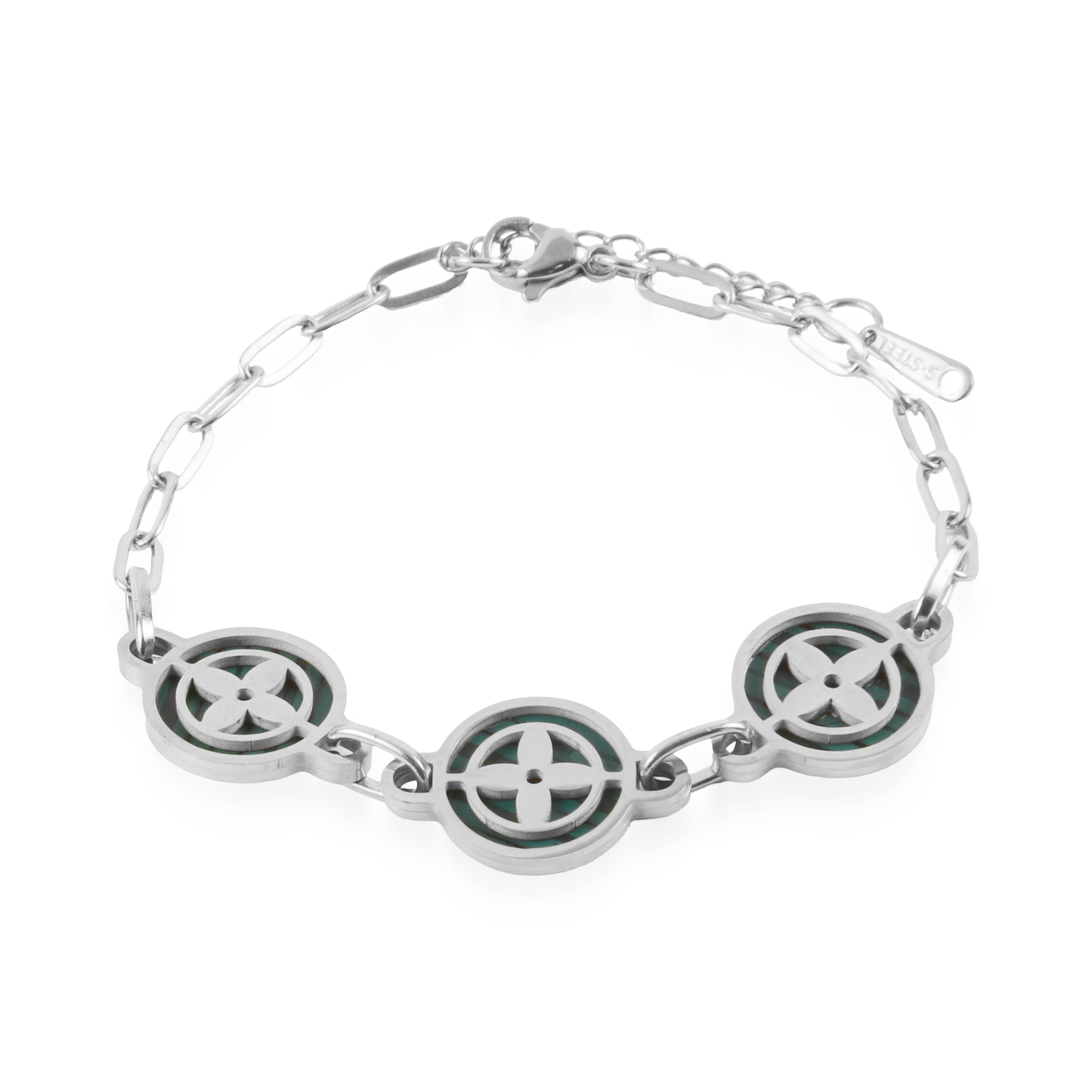 Βραχιόλι με πέτρες φίλντισι Mar and Mar Clover Silver (Green) από ανοξείδωτο ατσάλι