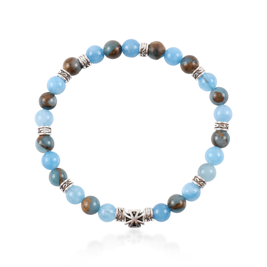 Ανδρικό χειροποίητο βραχιόλι με σταυρό Mar and Mar Jaden με φυσικές ορυκτές πέτρες Ακουαμαρίνα, Ίασπη και Αιματίτη