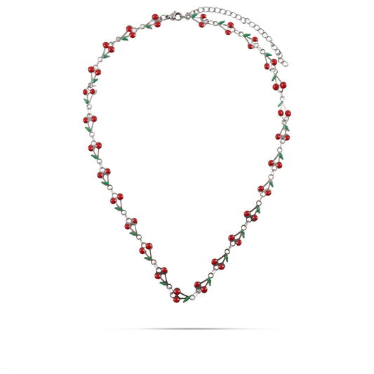 Χειροποίητο κολιέ choker με κεράσια Mar and Mar Cherries Silver από ανοξείδωτο ατσάλι