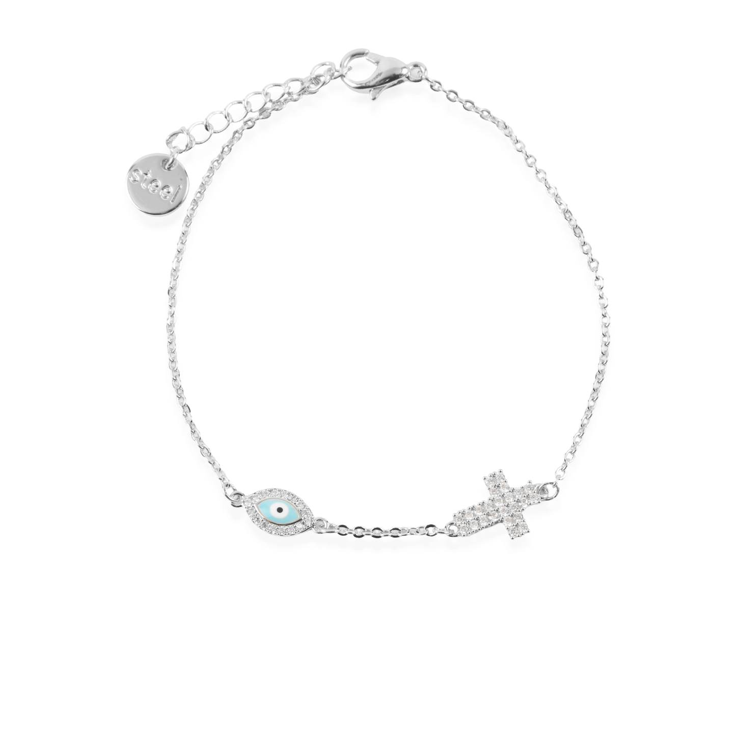 Βραχιόλι με ματάκι και σταυρό Mar and Mar Sancia Cross Silver από ανοξείδωτο ατσάλι