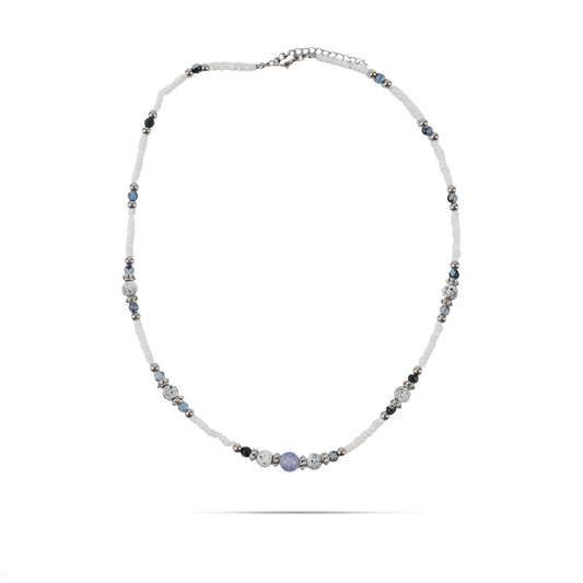 Χειροποίητο κολιέ Mar and Mar Nymalia με φυσικές ορυκτές πέτρες Λάπις λάζουλι, Χαολίτη και φυσικό κοχύλι από ανοξείδωτο ατσάλι