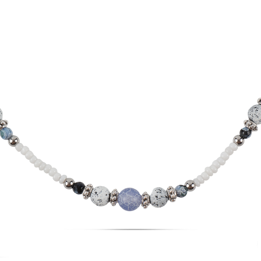 Χειροποίητο κολιέ Mar and Mar Nymalia με φυσικές ορυκτές πέτρες Λάπις λάζουλι, Χαολίτη και φυσικό κοχύλι από ανοξείδωτο ατσάλι