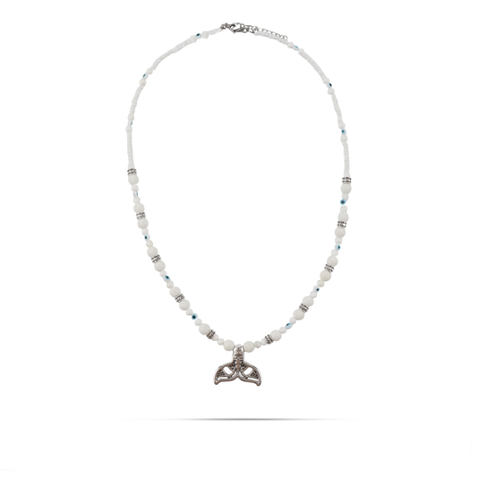 Χειροποίητο κολιέ Mar and Mar Lustrina με φυσικές ορυκτές πέτρες Χαολίτη και φυσικό κοχύλι από ανοξείδωτο ατσάλι