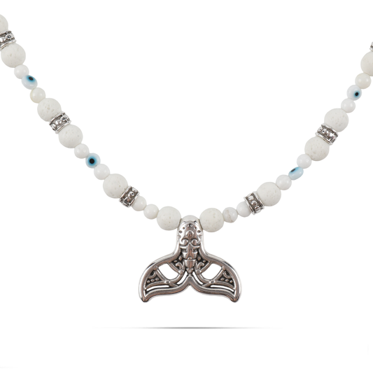 Χειροποίητο κολιέ Mar and Mar Lustrina με φυσικές ορυκτές πέτρες Χαολίτη και φυσικό κοχύλι από ανοξείδωτο ατσάλι