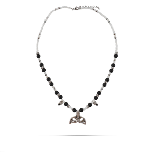 Χειροποίητο κολιέ Mar and Mar Lustrina Black με φυσικές ορυκτές πέτρες Λάβας και φυσικό κοχύλι από ανοξείδωτο ατσάλι