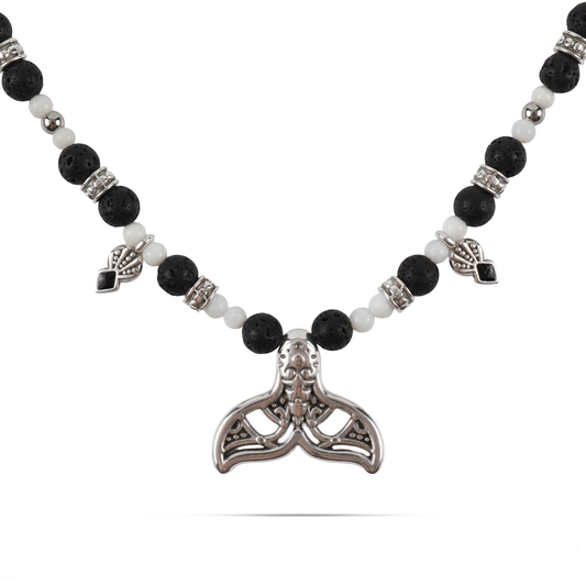 Χειροποίητο κολιέ Mar and Mar Lustrina Black με φυσικές ορυκτές πέτρες Λάβας και φυσικό κοχύλι από ανοξείδωτο ατσάλι