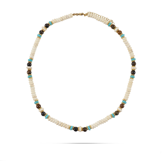 Χειροποίητο κολιέ Mar and Mar Lucoria με φυσικές ορυκτές πέτρες Χαολίτη και φυσικό κοχύλι από ανοξείδωτο ατσάλι