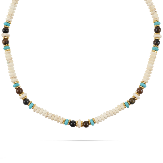 Χειροποίητο κολιέ Mar and Mar Lucoria με φυσικές ορυκτές πέτρες Χαολίτη και φυσικό κοχύλι από ανοξείδωτο ατσάλι