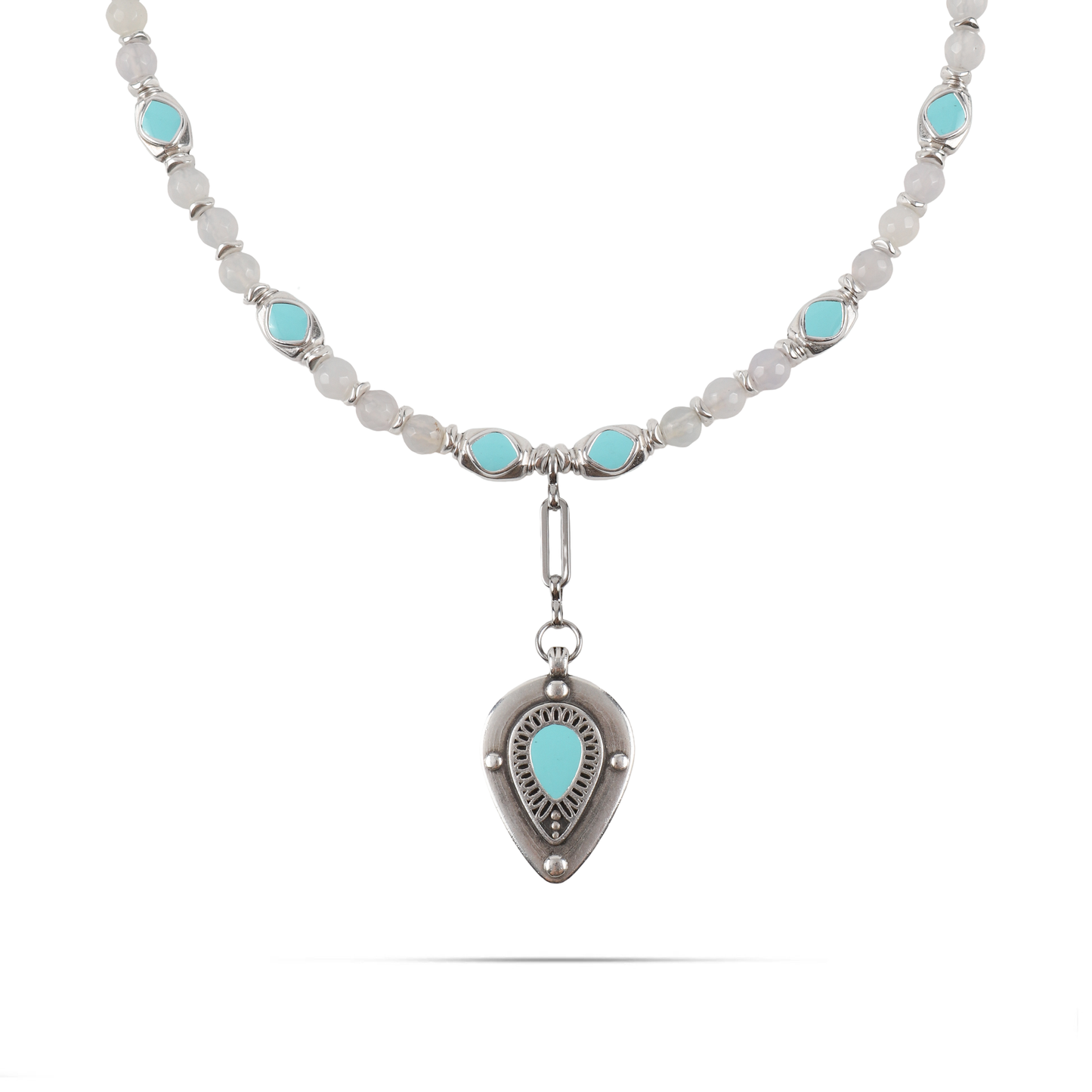 Χειροποίητο κολιέ Mar and Mar Lumea (Turquoise) με φυσικές ορυκτές πέτρες Σπεκτρολίτη από ανοξείδωτο ατσάλι