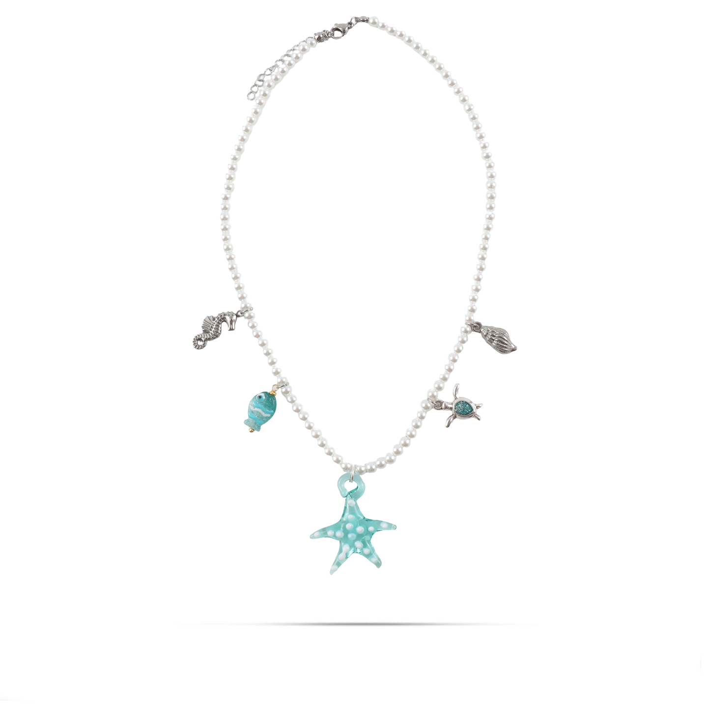 Γυναικείο χειροποίητο κολιέ Mar and Mar Ainsley (Turquoise) με γυαλί Μουράνο και πέρλες από ανοξέιδωτο ατσάλι φυσικές