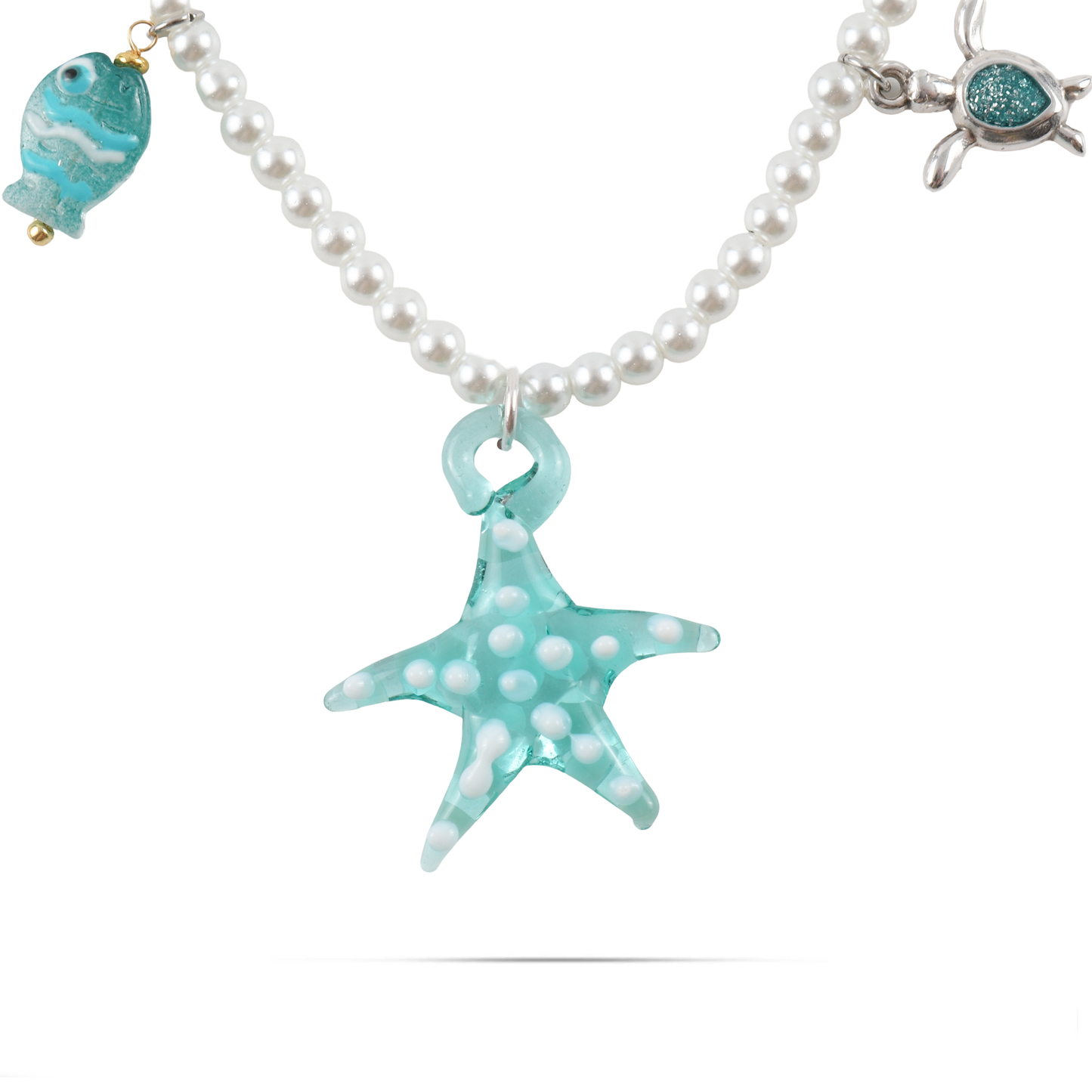 Γυναικείο χειροποίητο κολιέ Mar and Mar Ainsley (Turquoise) με γυαλί Μουράνο και πέρλες από ανοξέιδωτο ατσάλι φυσικές