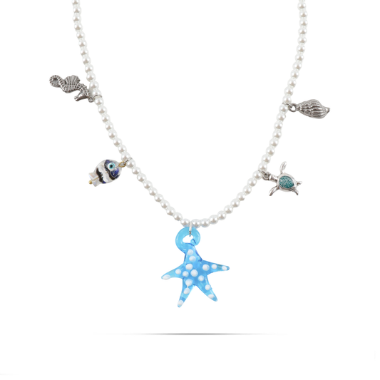 Γυναικείο χειροποίητο κολιέ Mar and Mar Ainsley (Blue) με γυαλί Μουράνο και πέρλες από ανοξέιδωτο ατσάλι φυσικές