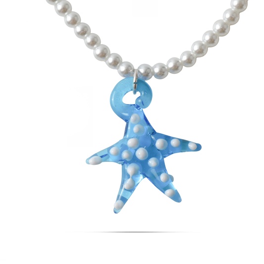 Γυναικείο χειροποίητο κολιέ Mar and Mar Ainsley (Blue) με γυαλί Μουράνο και πέρλες από ανοξέιδωτο ατσάλι φυσικές