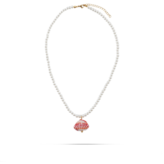 Γυναικείο χειροποίητο κολιέ με κοχύλι Μουράνο και πέρλες Mar and Mar Cockle Shell (Red) από ανοξείδωτο ατσάλι