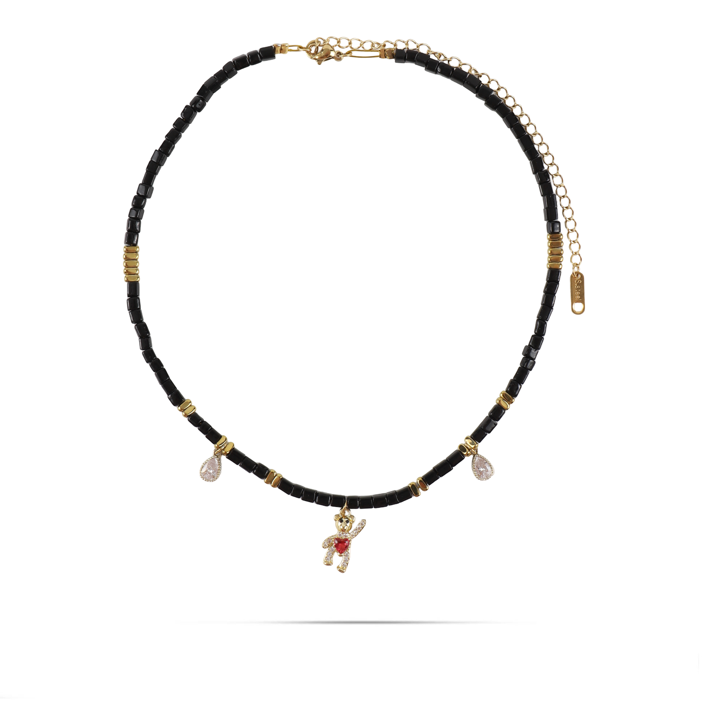 Κολιέ choker χειροποίητο αρκουδάκι με χάντρες και πέτρες ζιργκόν Mar and Mar Candy Bear από ανοξείδωτο ατσάλι