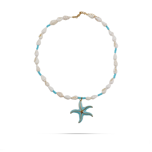 Χειροποίητο κολιέ με φυσικά κοχύλια και χάντρες Mar and Mar Jaleia Starfish από ανοξείδωτο ατσάλι