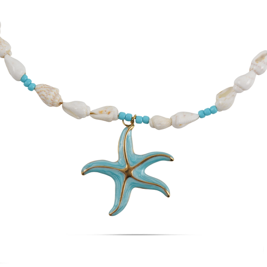Χειροποίητο κολιέ με φυσικά κοχύλια και χάντρες Mar and Mar Jaleia Starfish από ανοξείδωτο ατσάλι