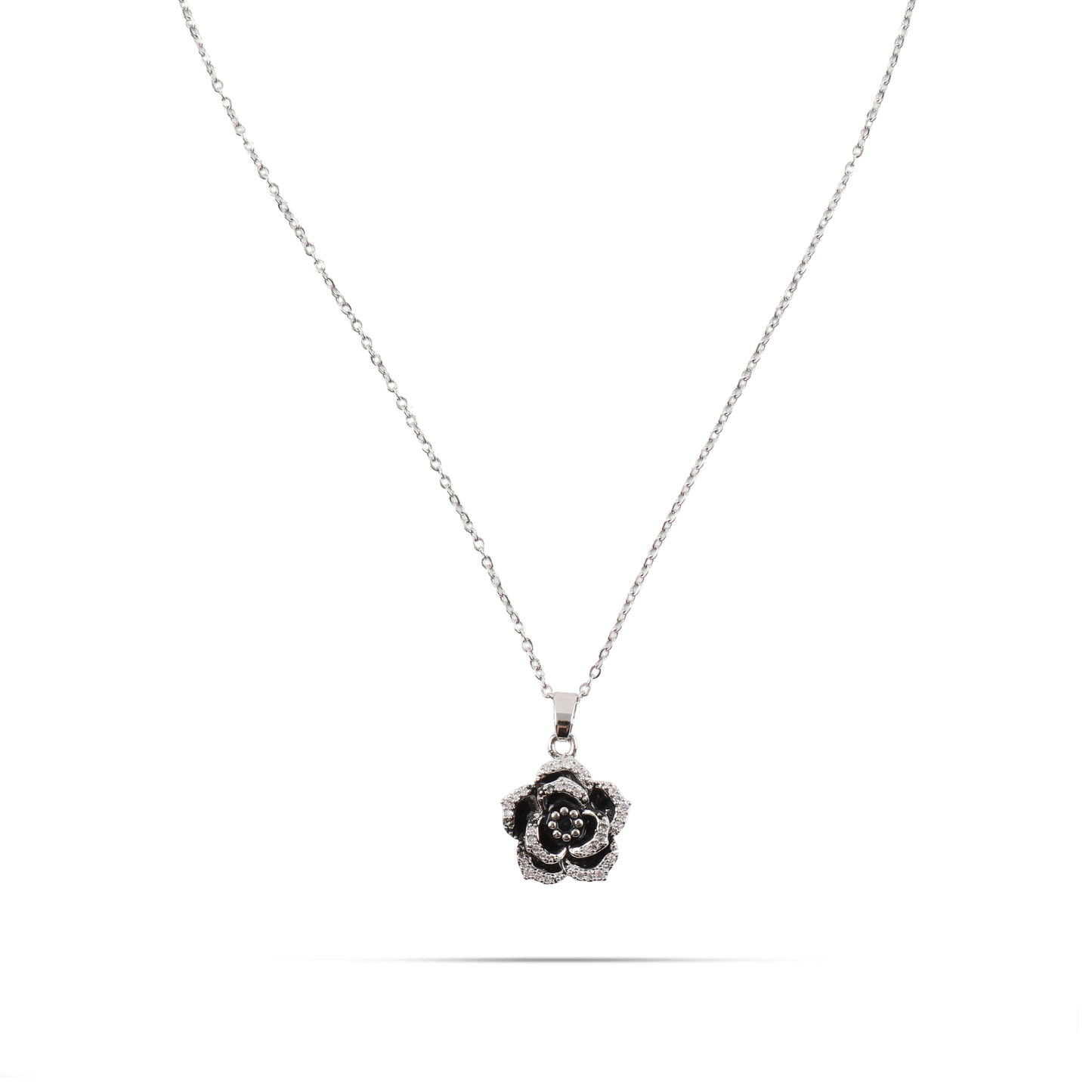 Κολιέ τριαντάφυλλο με ζιργκόν Mar and Mar Black Rose (Silver) από ανοξείδωτο ατσάλι