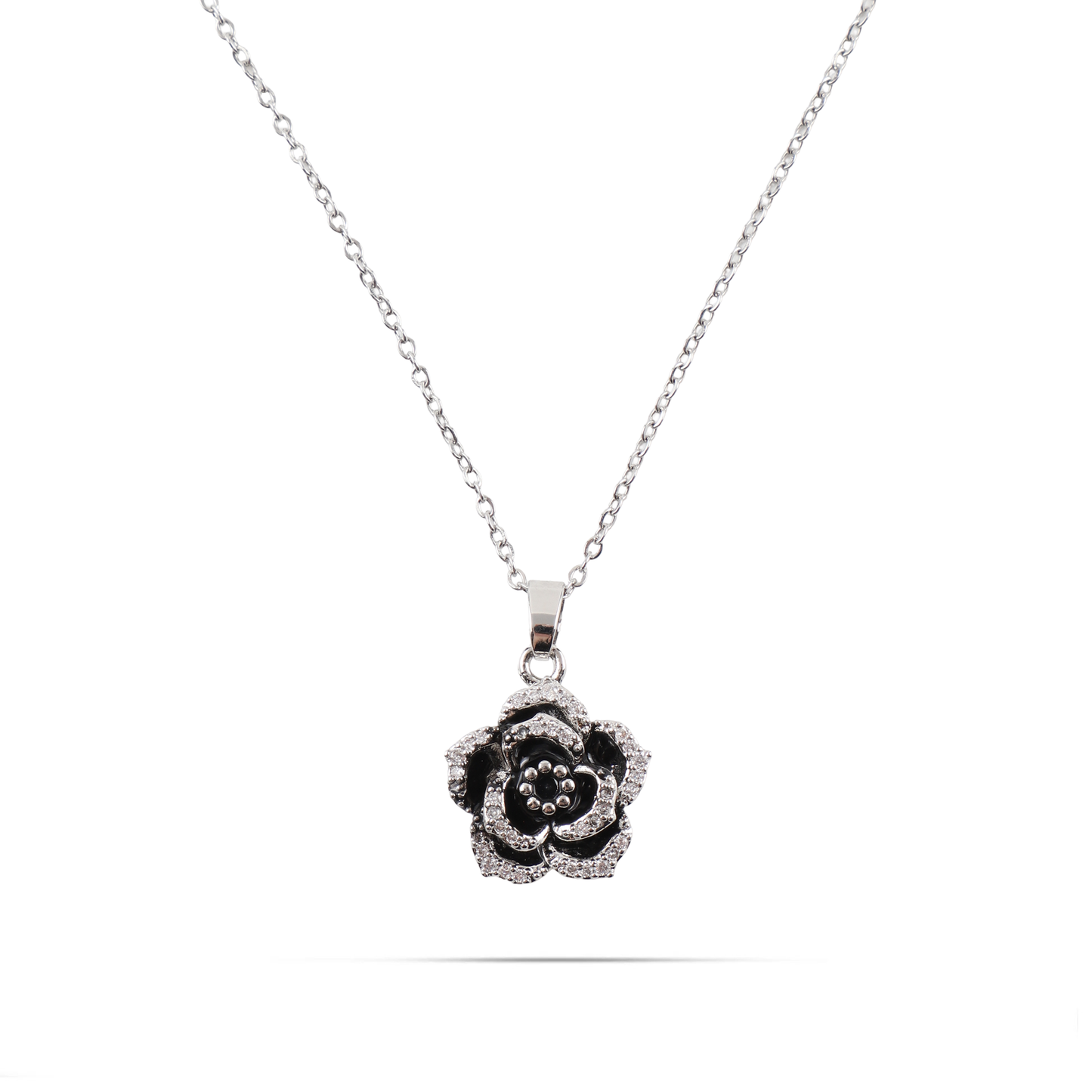 Κολιέ τριαντάφυλλο με ζιργκόν Mar and Mar Black Rose (Silver) από ανοξείδωτο ατσάλι
