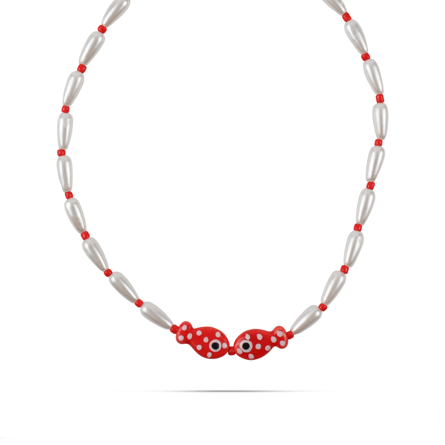 Χειροποίητο κολιέ με πέρλες χάντρες και ψαράκια από πηλό Mar and Mar Selva (Red) από ανοξείδωτο ατσάλι