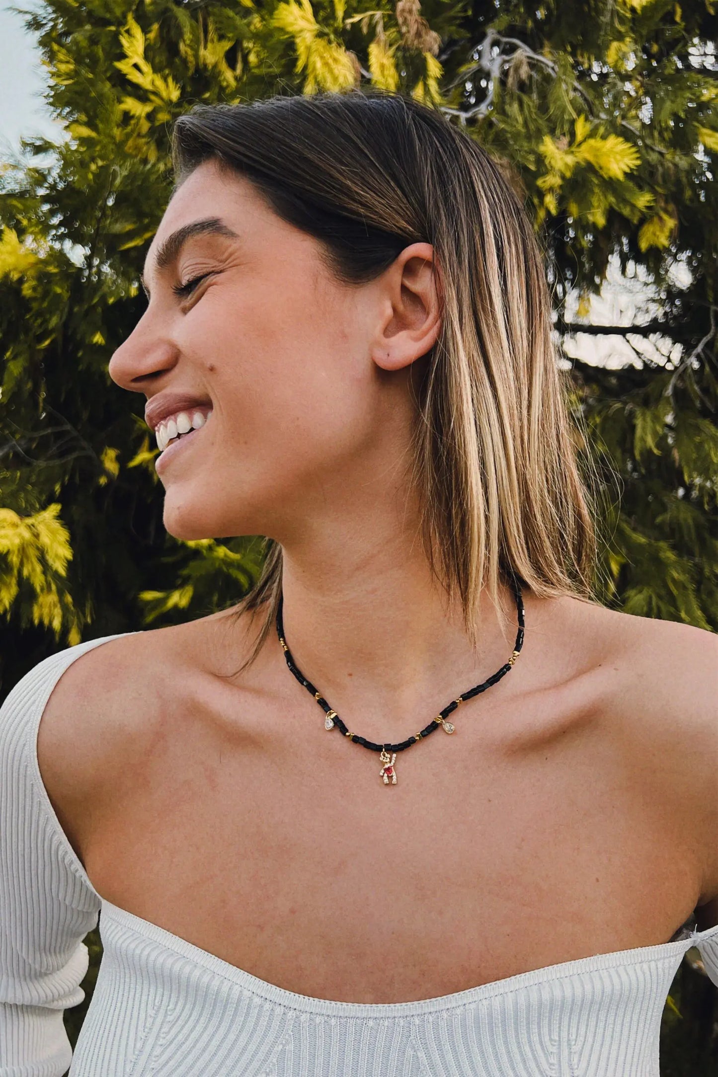 Κολιέ choker χειροποίητο αρκουδάκι με χάντρες και πέτρες ζιργκόν Mar & Mar Candy Bear από ανοξείδωτο ατσάλι