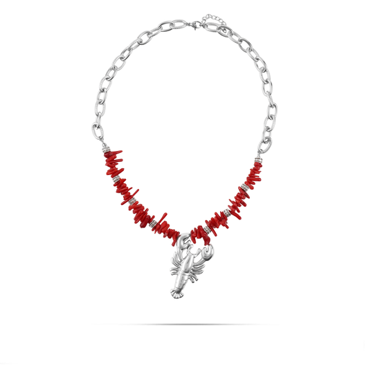 Χειροποίητο κολιέ με αστακό και κοράλια Mar and Mar Red Lobster Silver από ανοξείδωτο ατσάλι