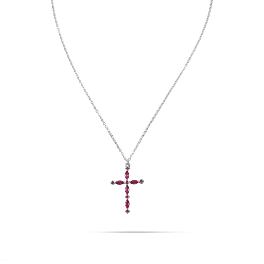 Κολιέ σταυρός με πέτρες ζιργκόν Mar and Mar Ruby (Magenta) από ανοξείδωτο ατσάλι