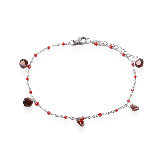 Αλυσίδα ποδιού με πέτρες ζιργκόν Mar and Mar Rosseta Silver (Red) από ανοξείδωτο ατσάλι