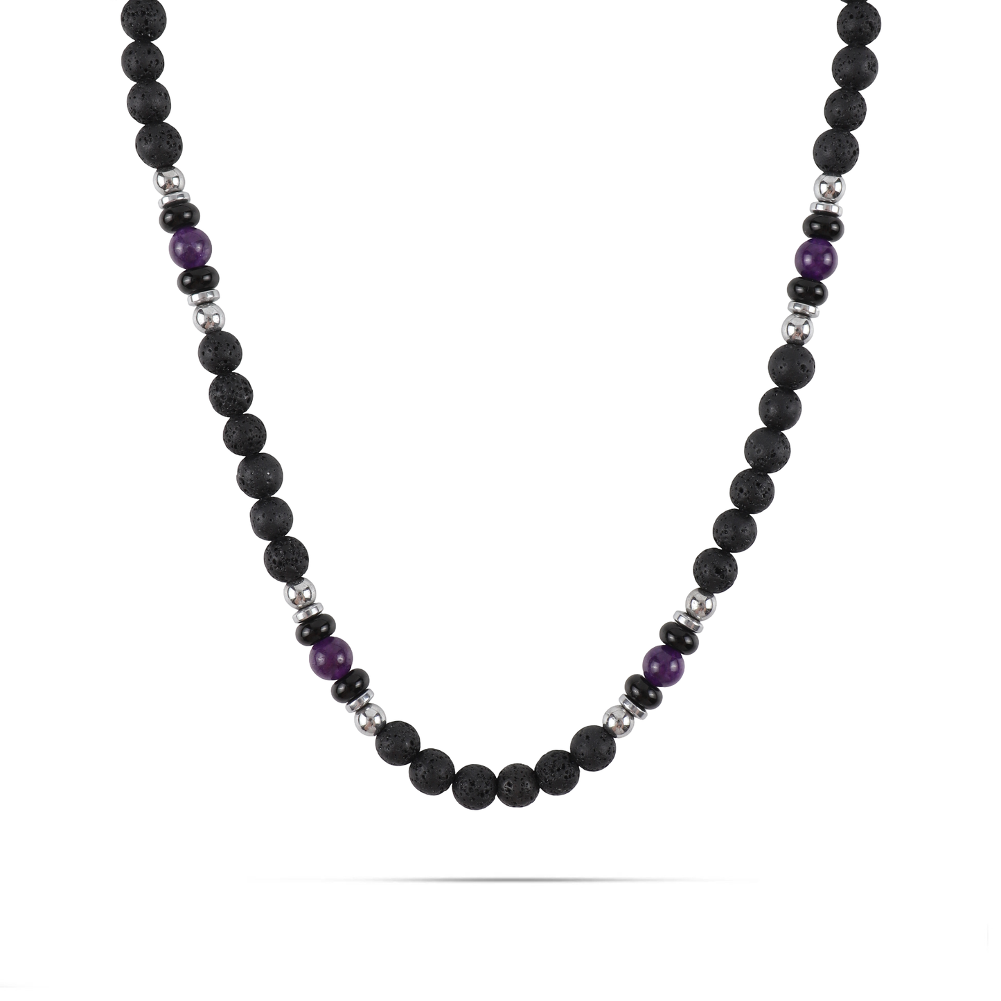 Ανδρικό χειροποίητο κολιέ μακραμέ Mar and Mar Acer (Purple) με φυσικές ορυκτές πέτρες Λάβα Αμέθυστο και Αιματίτη