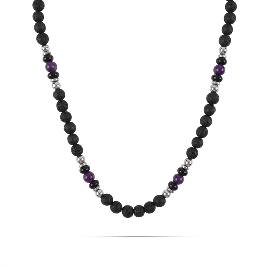 Ανδρικό χειροποίητο κολιέ μακραμέ Mar and Mar Acer (Purple) με φυσικές ορυκτές πέτρες Λάβα Αμέθυστο και Αιματίτη