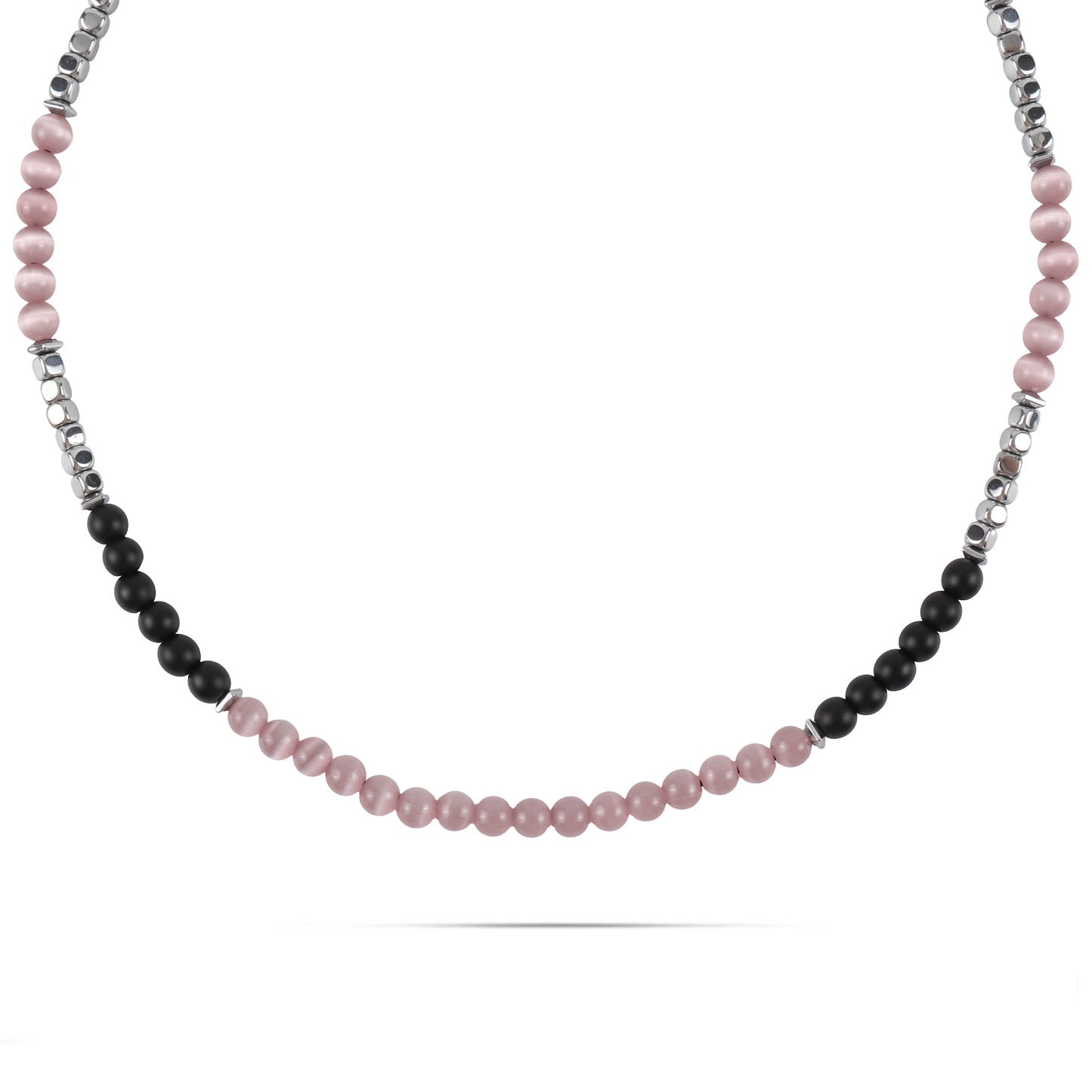 Ανδρικό χειροποίητο κολιέ μακραμέ Mar and Mar Shaquille (Pink) με φυσικές ορυκτές πέτρες Μάτι Γάτας Όνυχα και Αιματίτη