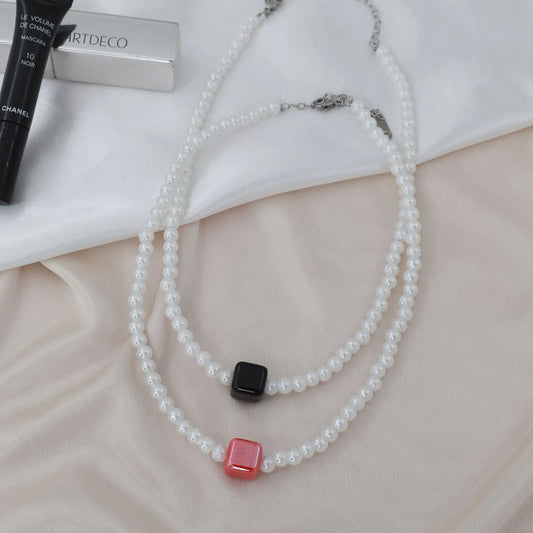 Κολιέ choker χειροποίητο με κύβο και πέρλες Mar and Mar Pearly Cube από ανοξείδωτο ατσάλι