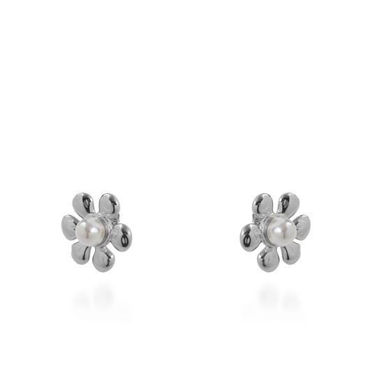 Σκουλαρίκια καρφωτά λουλούδια με πέρλα Mar and Mar Bellisa Silver από ανοξείδωτο ατσάλι