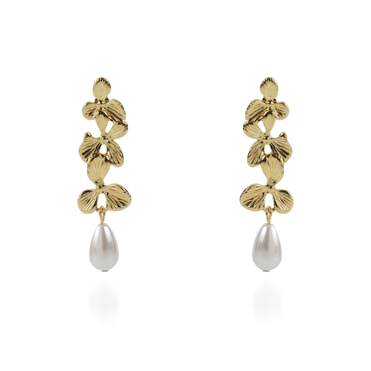 Σκουλαρίκια κρεμαστά λουλούδια με πέρλα Mar and Mar Mireille από ανοξείδωτο ατσάλι