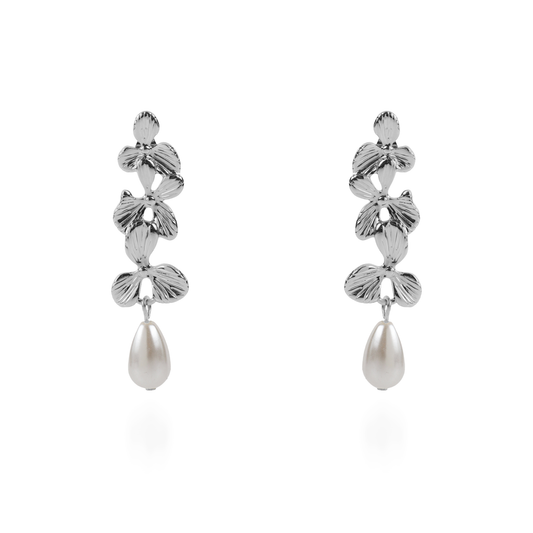 Σκουλαρίκια κρεμαστά λουλούδια με πέρλα Mar and Mar Mireille Silver από ανοξείδωτο ατσάλι