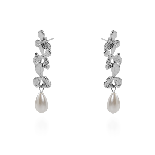 Σκουλαρίκια κρεμαστά λουλούδια με πέρλα Mar and Mar Mireille Silver από ανοξείδωτο ατσάλι