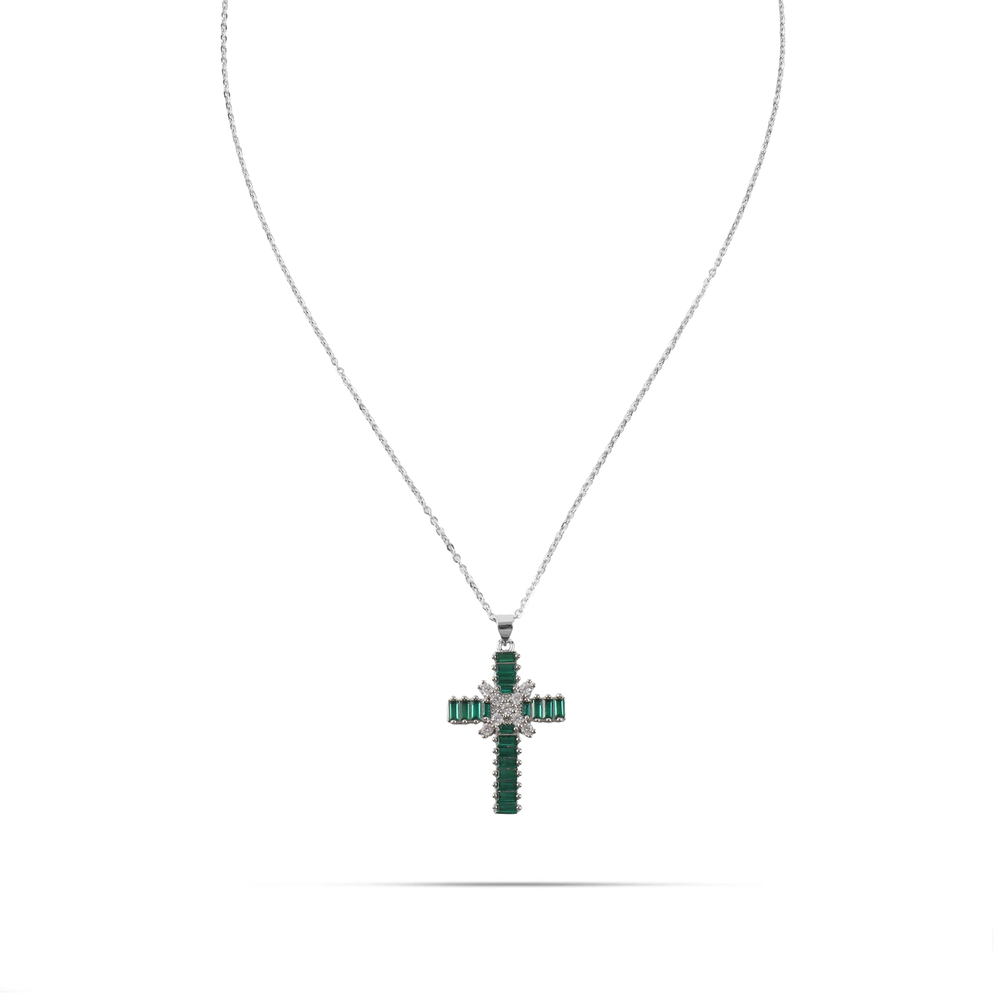 Κολιέ σταυρός με πέτρες ζιργκόν Mar and Mar Faith Cross Silver (Green) από ανοξείδωτο ατσάλι