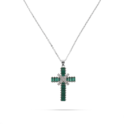 Κολιέ σταυρός με πέτρες ζιργκόν Mar and Mar Faith Cross Silver (Green) από ανοξείδωτο ατσάλι
