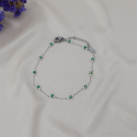 Αλυσίδα ποδιού με χάντρες Mar and Mar Fellia Silver (Green) από ανοξείδωτο ατσάλι