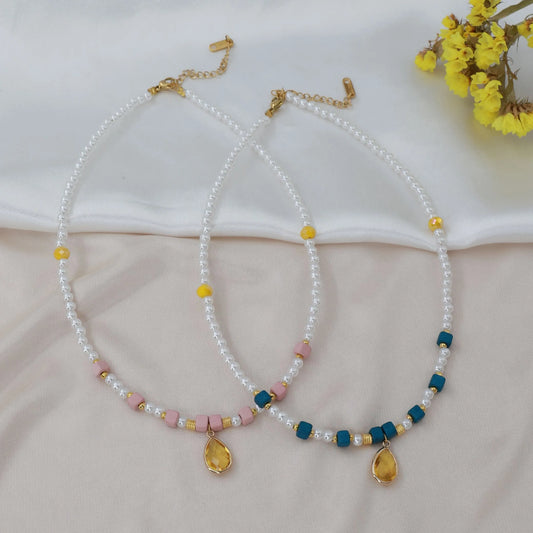 Κολιέ choker με πέρλα χάντρες και πέτρες ζιργκόν Mar and Mar Eldisa από ανοξείδωτο ατσάλι