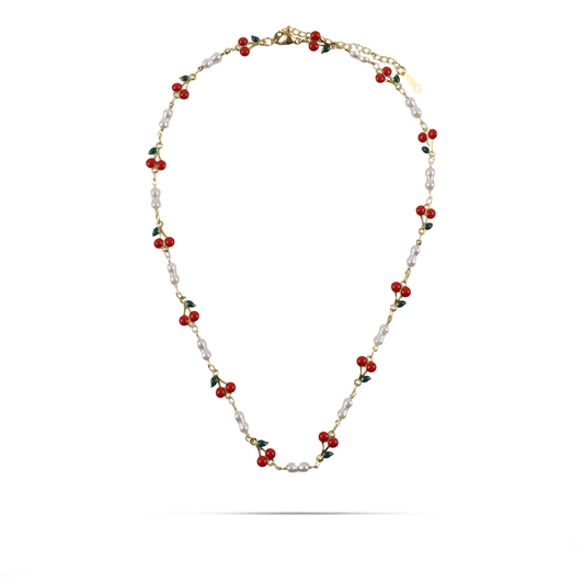 Κολιέ με κερασάκια και πέρλες Mar and Mar Cerise Pearl από ανοξείδωτο ατσάλι