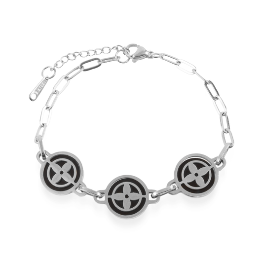 Βραχιόλι με πέτρες φίλντισι Mar and Mar Clover Silver (Black) από ανοξείδωτο ατσάλι