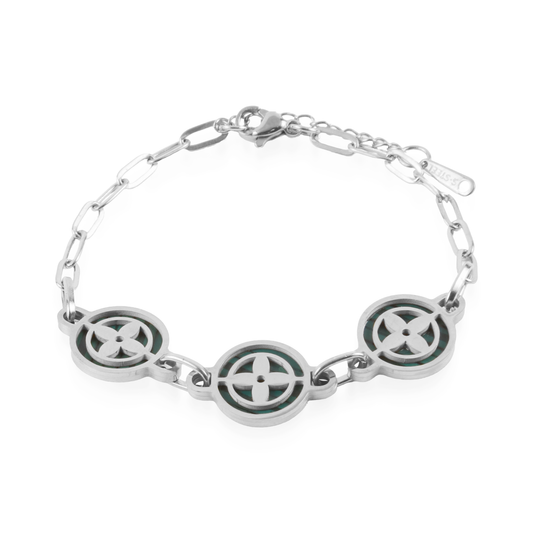 Βραχιόλι με πέτρες φίλντισι Mar and Mar Clover Silver (Green) από ανοξείδωτο ατσάλι