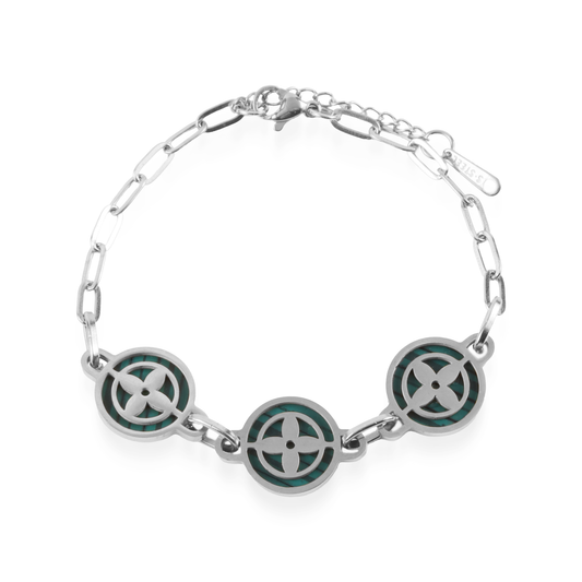 Βραχιόλι με πέτρες φίλντισι Mar and Mar Clover Silver (Green) από ανοξείδωτο ατσάλι