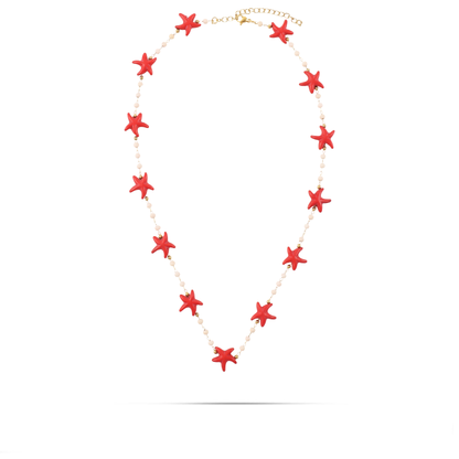 Χειροποίητο κολιέ με Χαολίτη και αστερία Mar and Mar Starfish Red από ανοξείδωτο ατσάλι