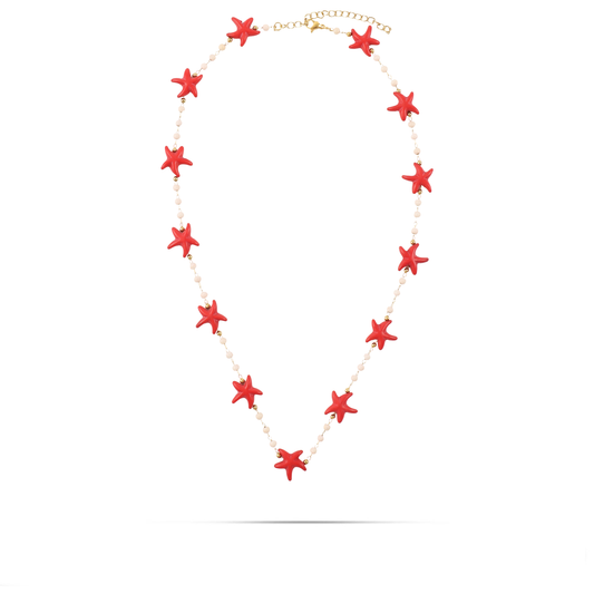 Χειροποίητο κολιέ με Χαολίτη και αστερία Mar and Mar Starfish Red από ανοξείδωτο ατσάλι
