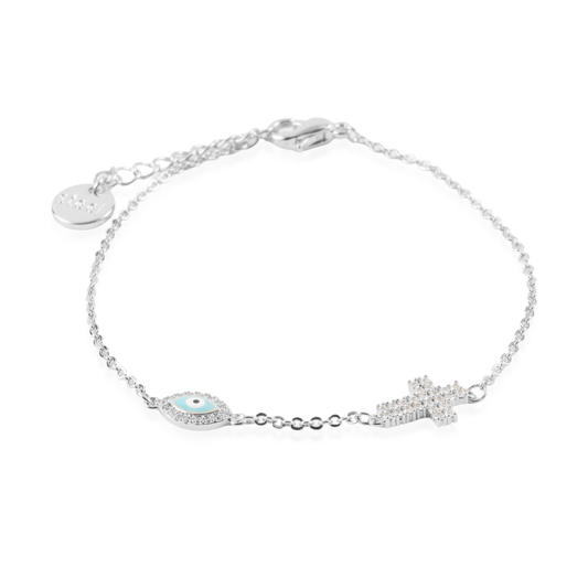 Βραχιόλι με ματάκι και σταυρό Mar and Mar Sancia Cross Silver από ανοξείδωτο ατσάλι