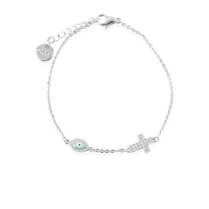 Βραχιόλι με ματάκι και σταυρό Mar and Mar Sancia Cross Silver από ανοξείδωτο ατσάλι